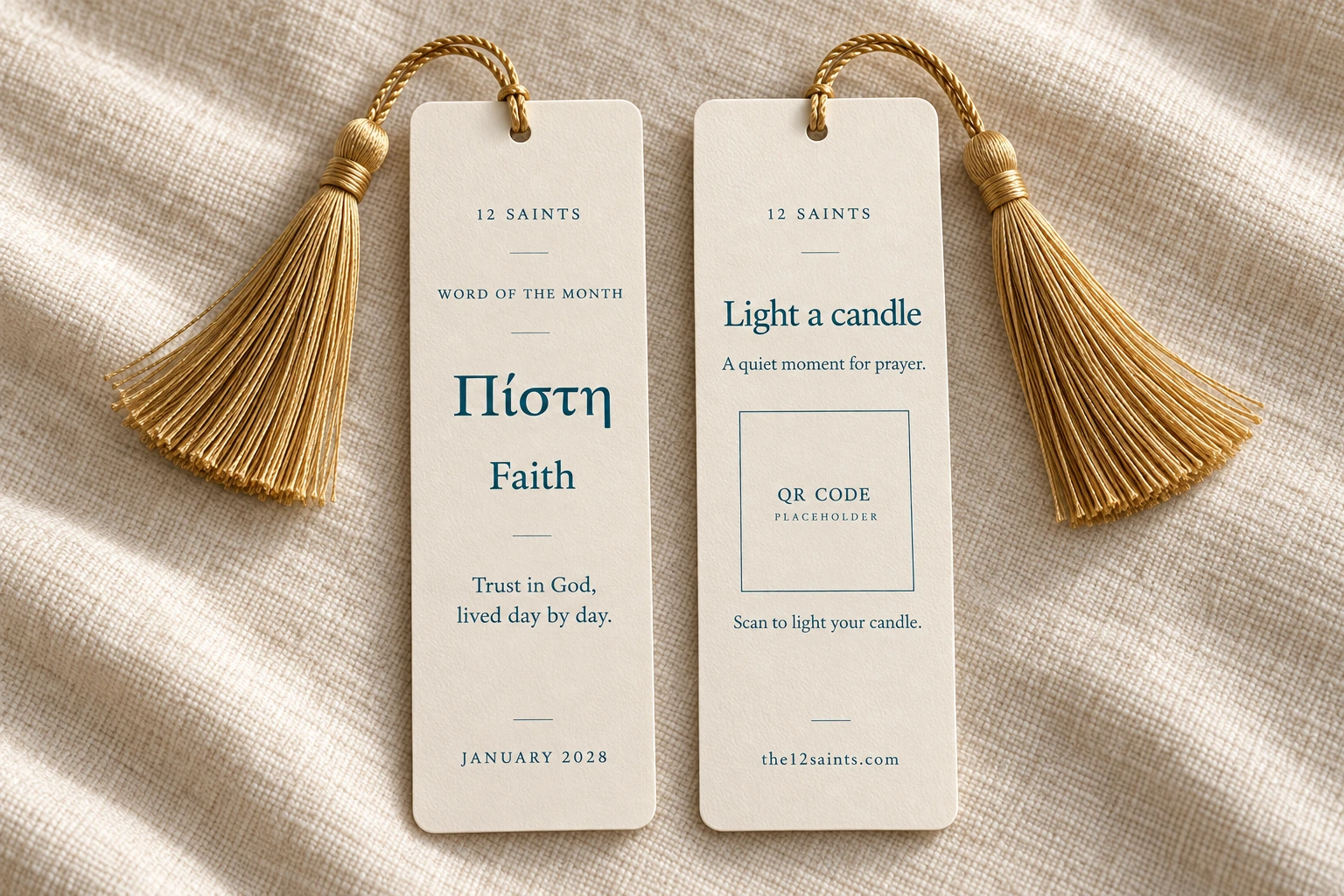 Front and back of the cream Greek word bookmark with gold tassels