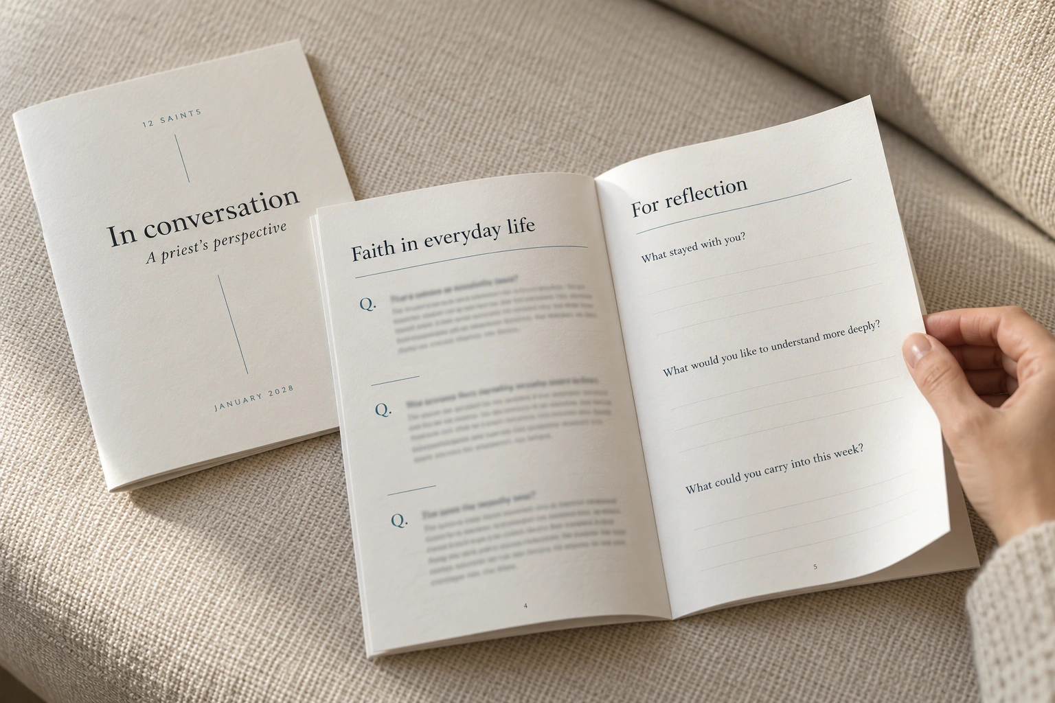 The In Conversation priest interview booklet, open to interview and reflection pages