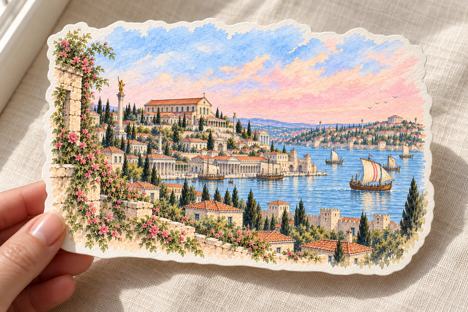A die-cut watercolor map card held in hand
