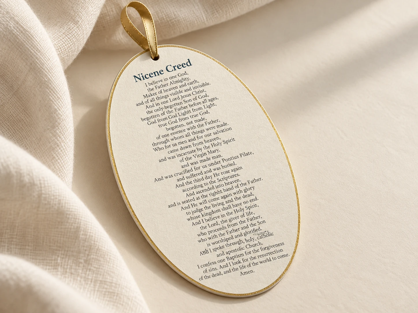 Oval cream prayer card with a gold ribbon on linen