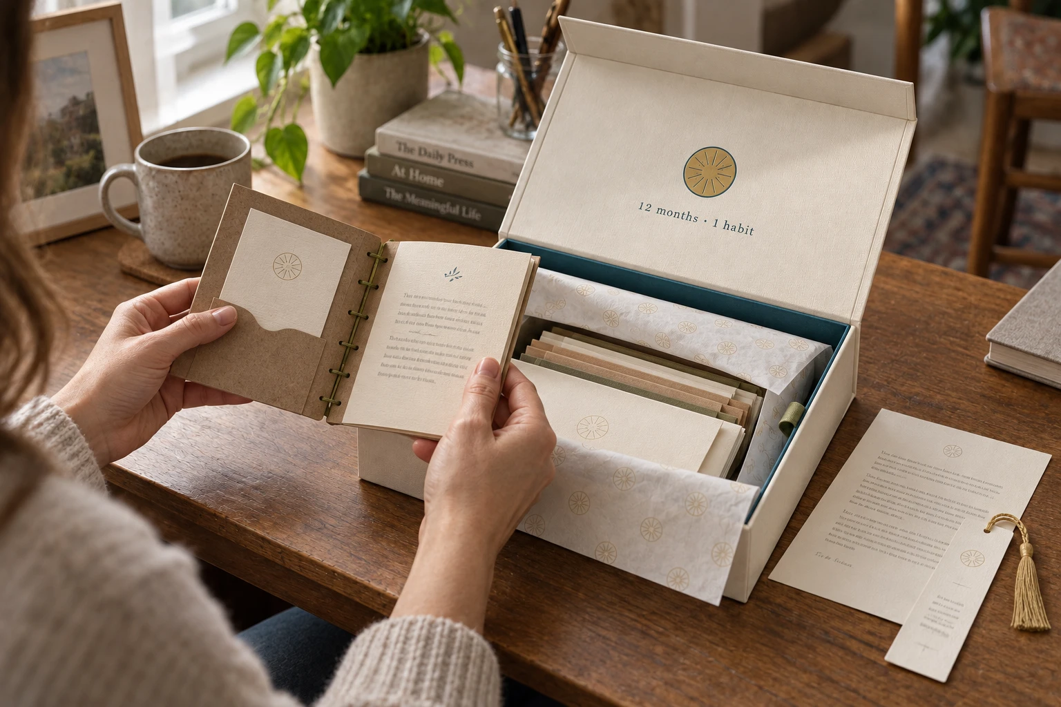 The 12 Saints keepsake box open on a wooden table, with a Scripture booklet held in hand
