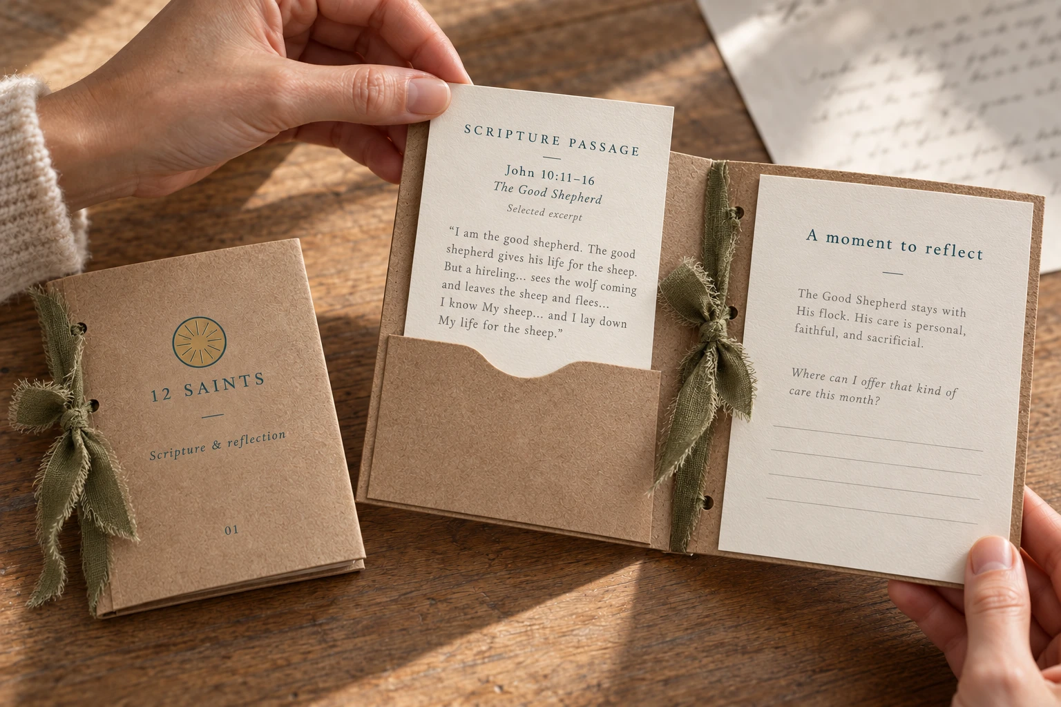 A Scripture passage and reflection booklet on a wooden table